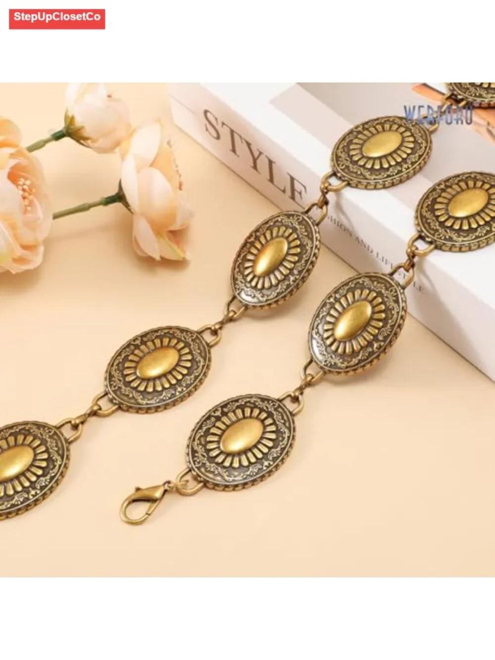 Western Concho Metal Chain Belt Boho Waist Belt for Dress Jeans